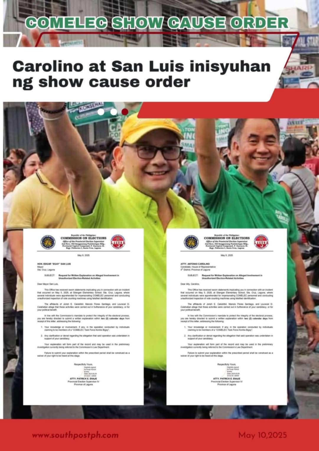 Comelec pinagpapaliwanag sina Carolino ay San Luis sa diumano’y pagkakadawit sa tatlong naarestong nagpanggap na Comelec personnel