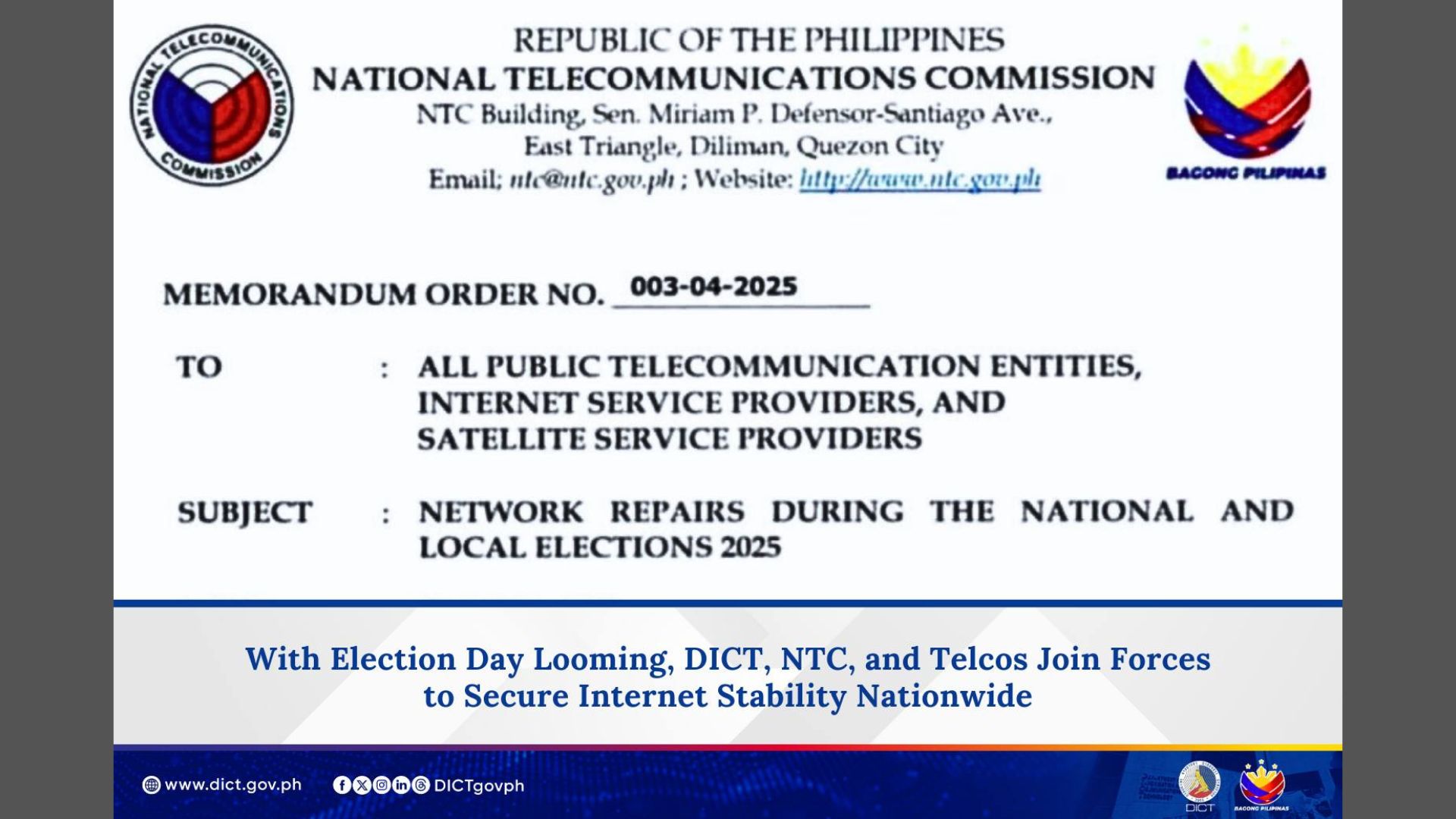 Pagkakaroon ng stable na network sa halalan pinatitiyak ng NTC sa lahat ng Public Telecommunications Entities at Internet Service Providers