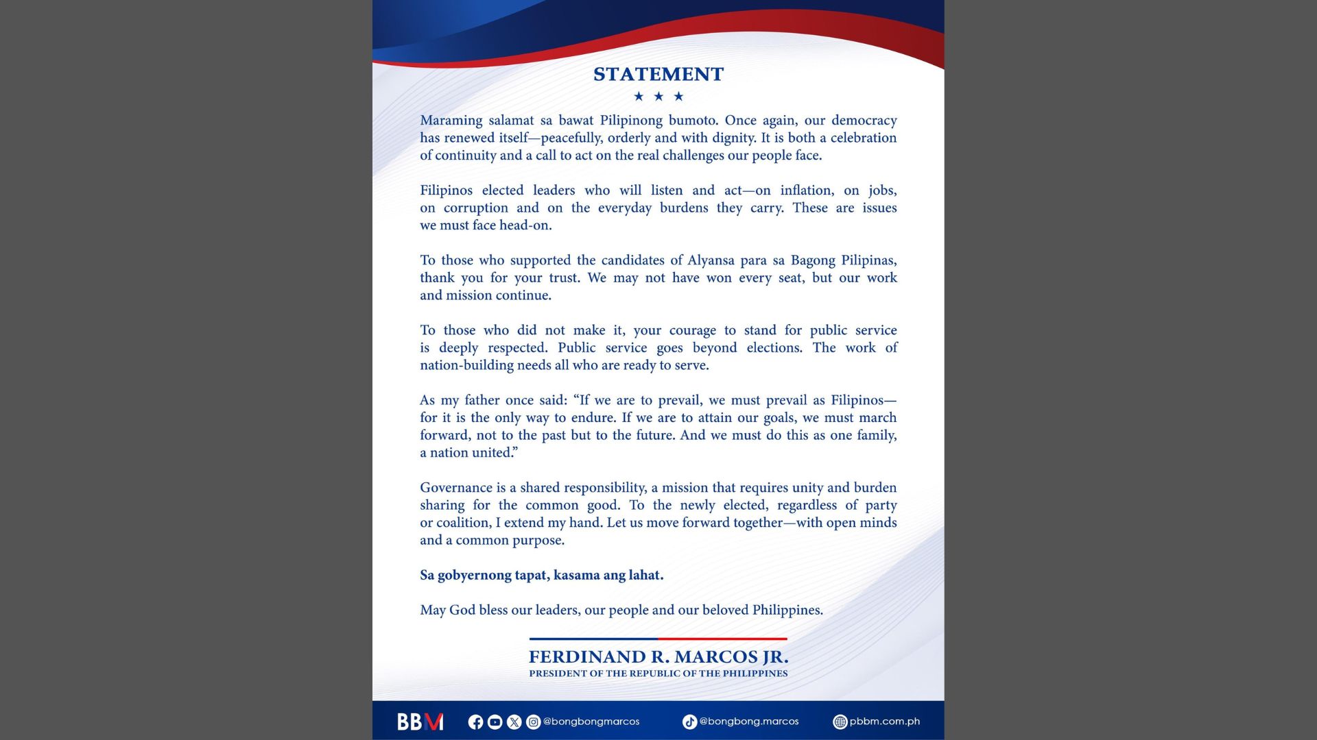 Pangulong Marcos nagpasalamat sa mga bumotong Pilipino