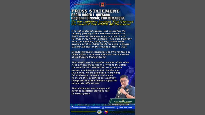 2 pulis patay matapos tamaan ng kidlat sa Naujan, Oriental Mindoro