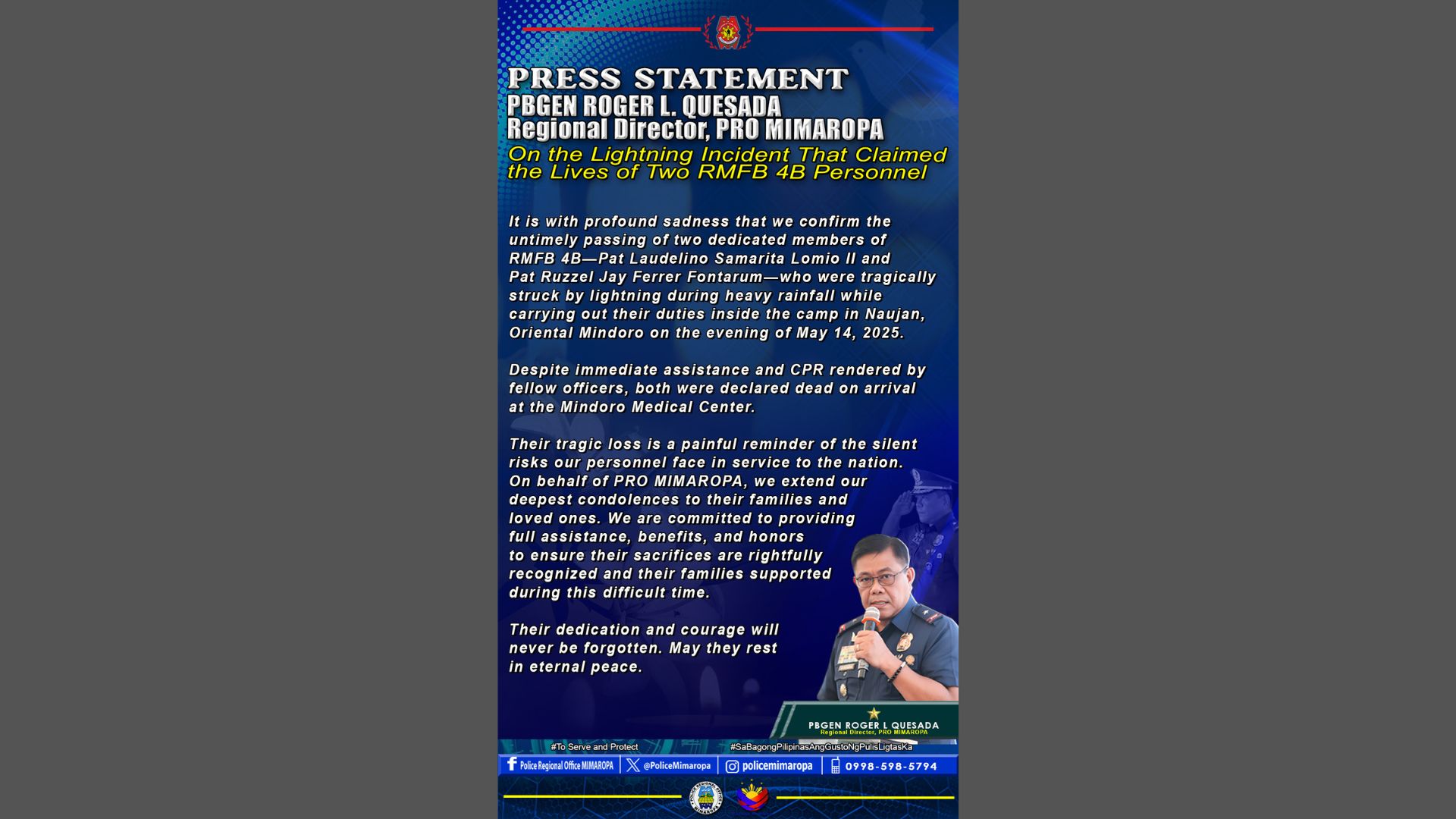 2 pulis patay matapos tamaan ng kidlat sa Naujan, Oriental Mindoro