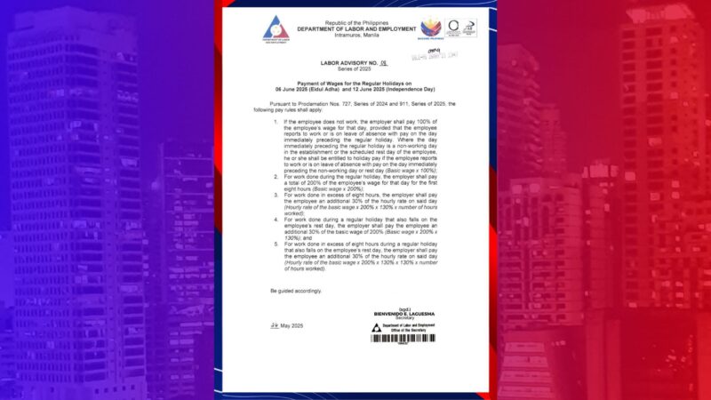 DOLE naglabas ng pay rules para sa magkasunod na holiday sa buwan ng Hunyo