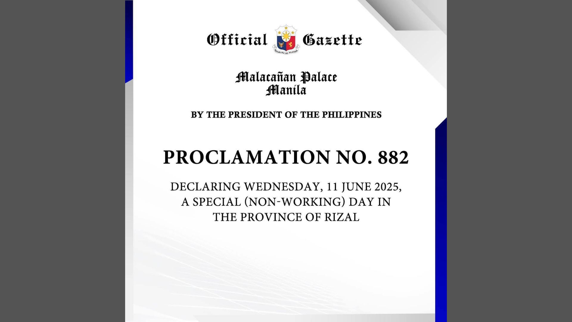 June 11 idineklarang special non-working holiday sa Malakanyang
