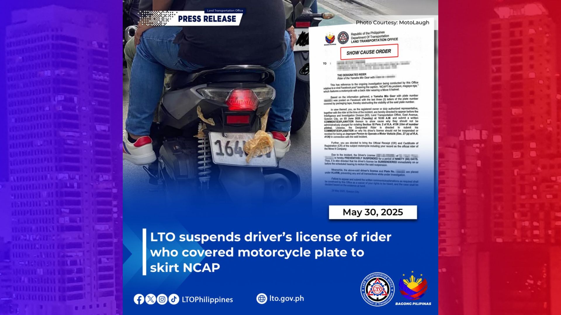 Driver’s license ng rider na naglagay ng takip sa plaka ng motorsiklo para makaiwas sa NCAP, sinuspinde ng LTO