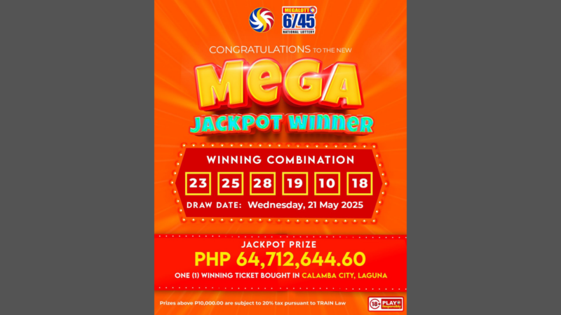 Bettor mula Laguna, wagi ng mahigit P64M na jackpot prize sa Lotto