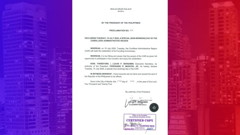 July 15 idineklarang special non-working holiday sa buong CAR