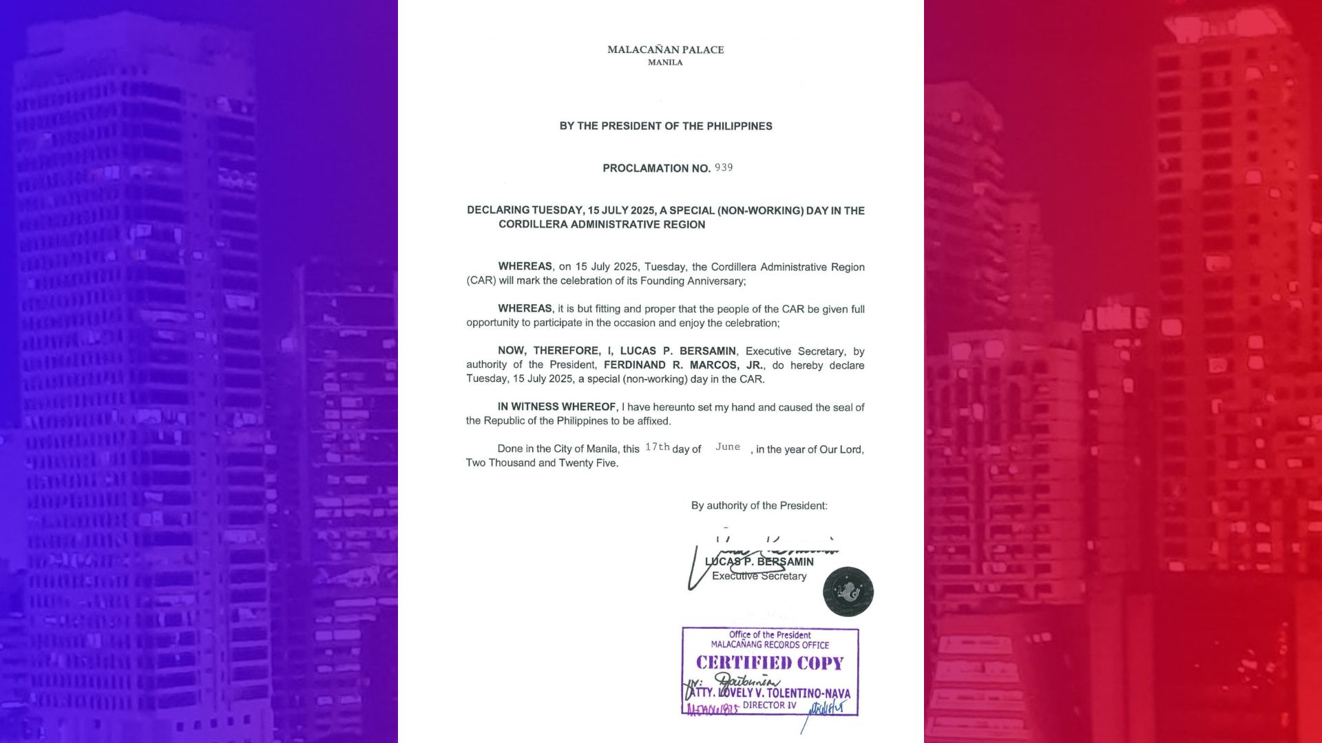 July 15 idineklarang special non-working holiday sa buong CAR