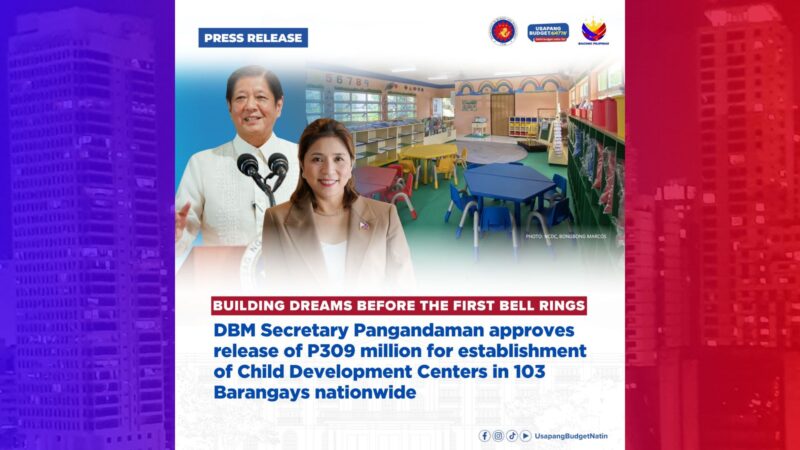 P309M na pondo para sa pagtatayo ng Child Development Centers sa 103 na barangay, aprubado na ng DBM
