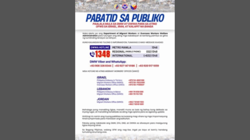 OFWs sa Israel, Iran at kalapit na bansa pinaalalahanan ng DMW at OWWA