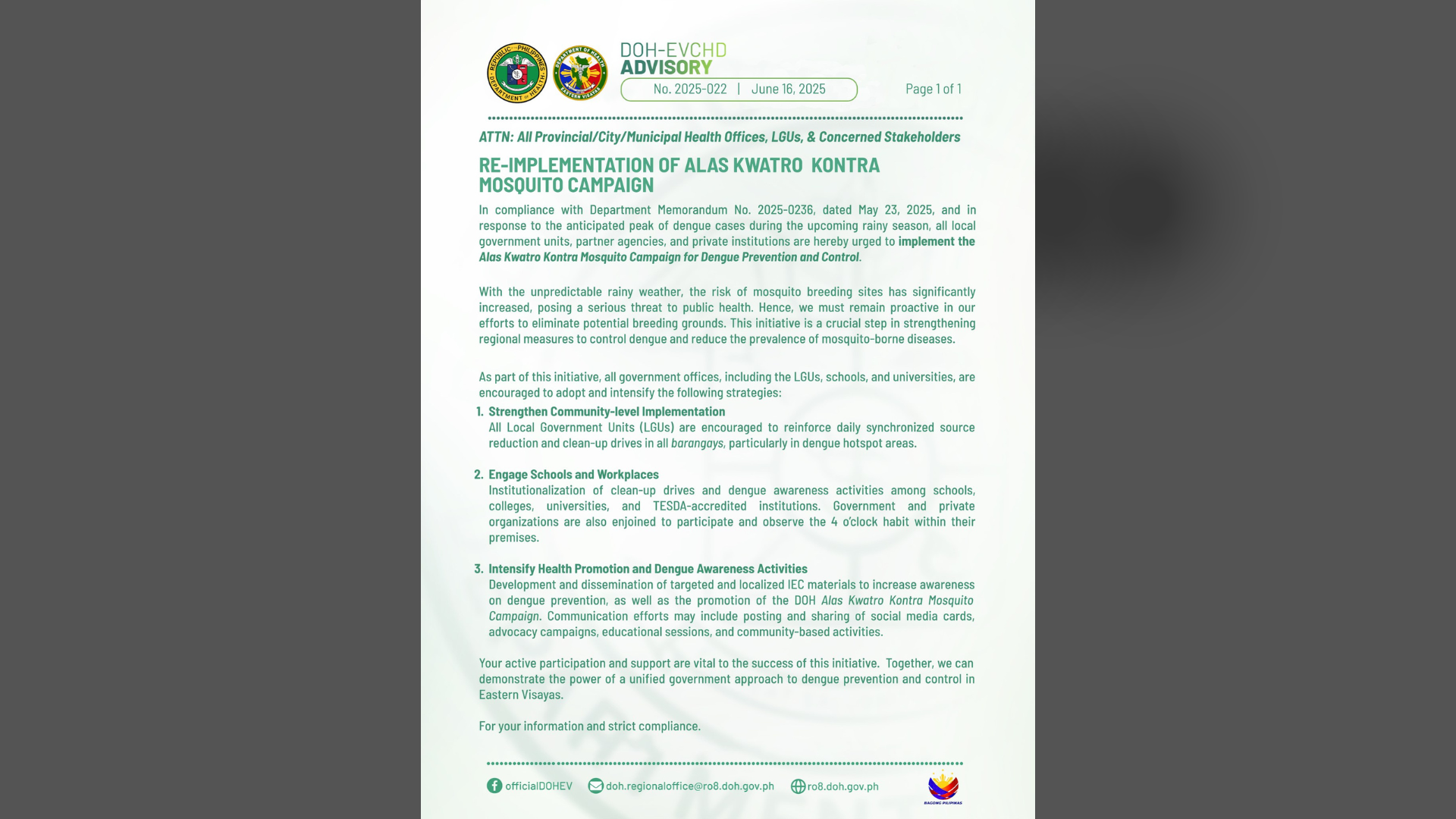 “Alas Kwatro Kontra Mosquito Campaign” muling ipatutupad sa eastern Visayas