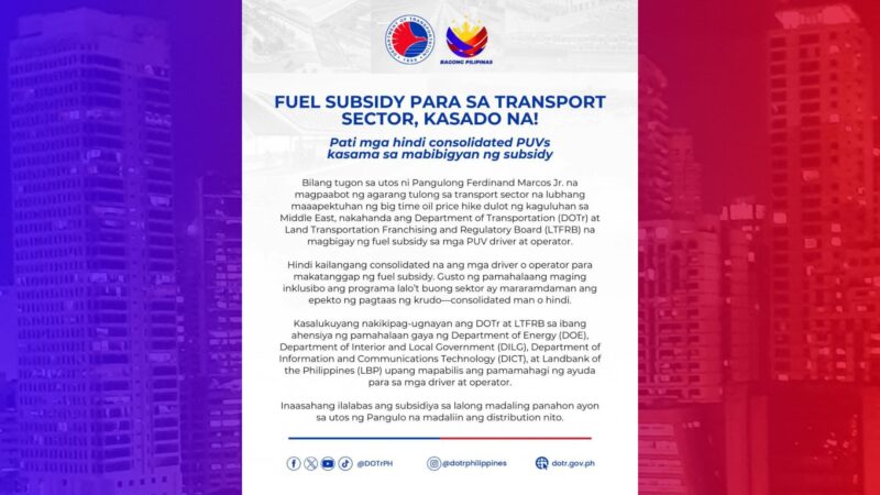DOTr pinaplantsa na ang fuel subsidy sa transport sector kasunod ng malakihang pagtaas ng presyo ng produktong petrolyo