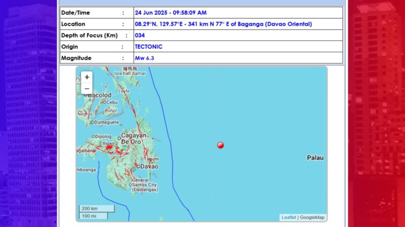 Davao Oriental niyanig ng magnitude 6.3 na lindol