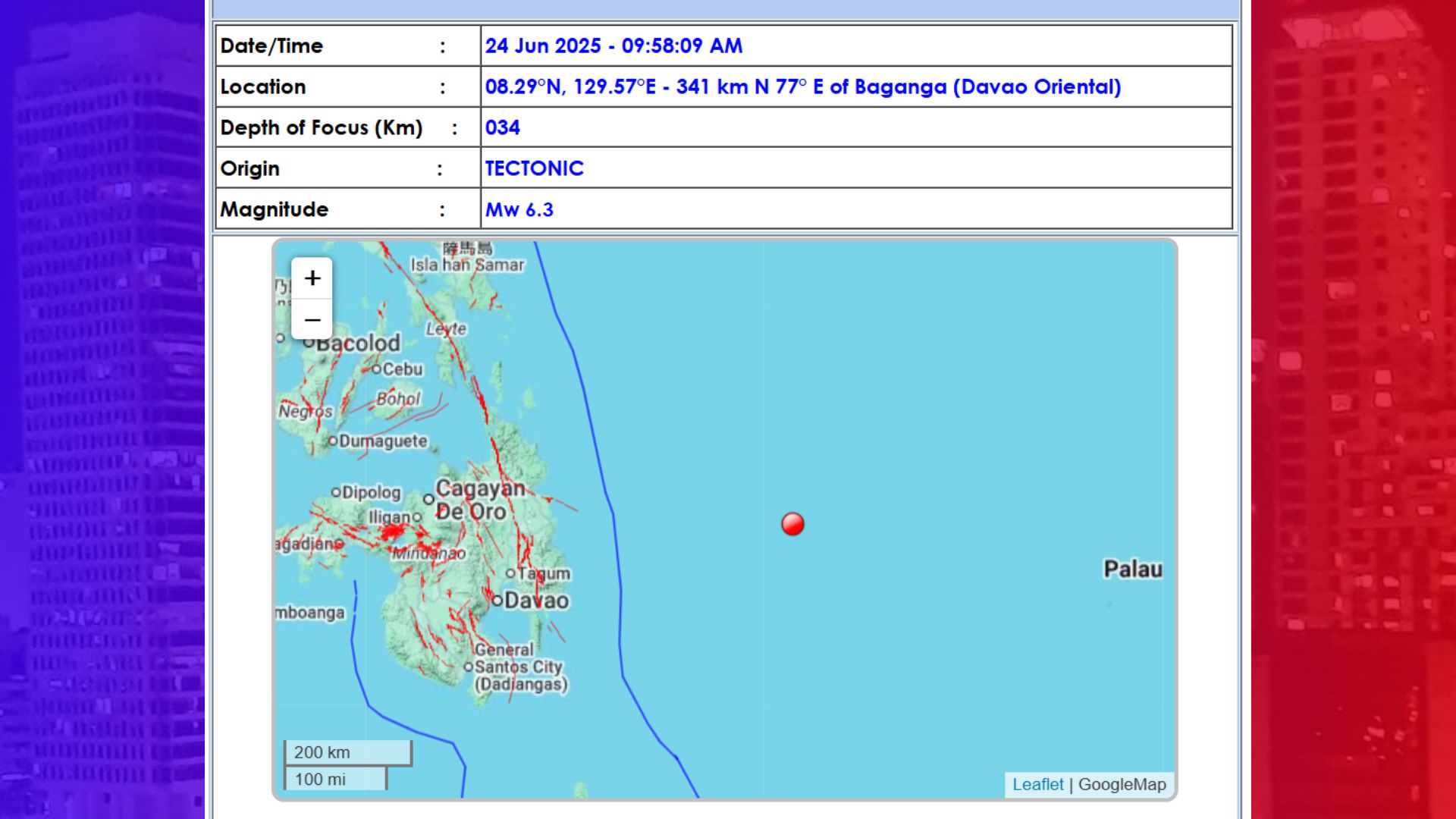 Davao Oriental niyanig ng magnitude 6.3 na lindol