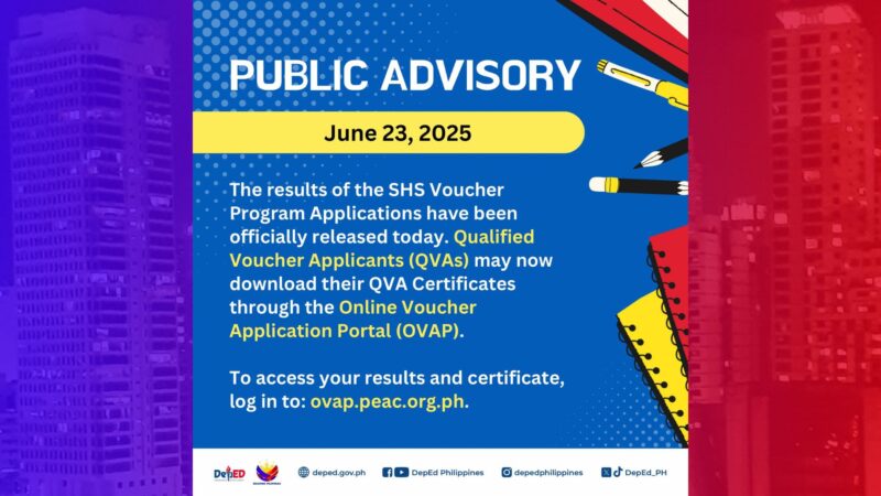 Resulta aplikasyon para sa SHS voucher program inilabas na