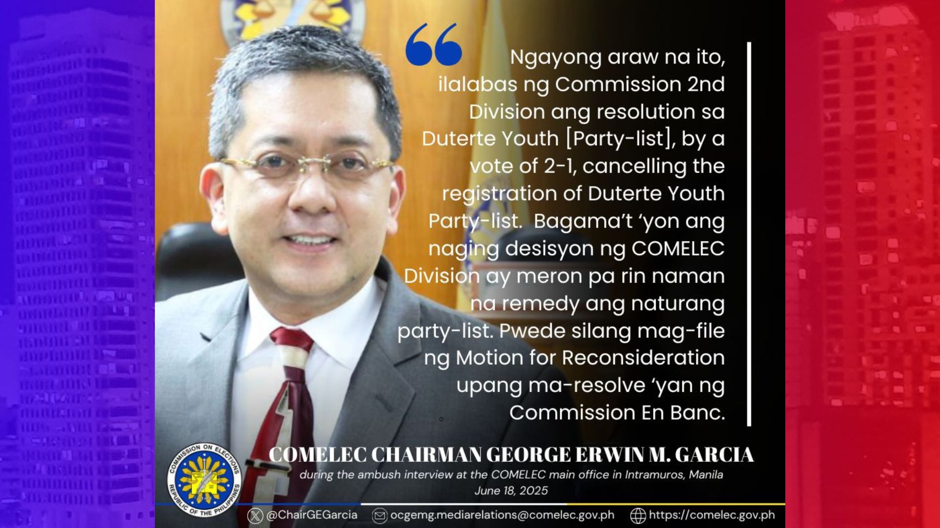 Registration ng Duterte Youth Party-list kinansela ng Comelec 2nd Division