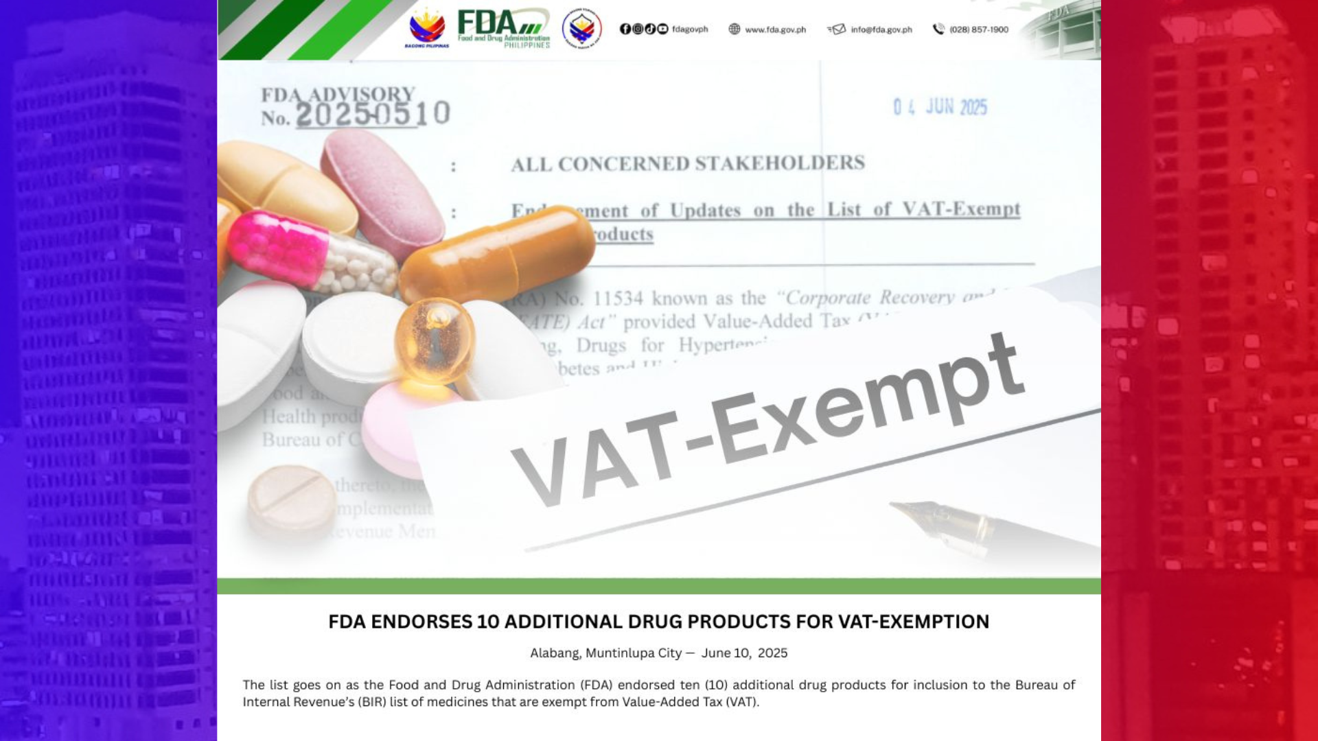 10 pang gamot hindi na papatawan ng VAT ayon sa FDA
