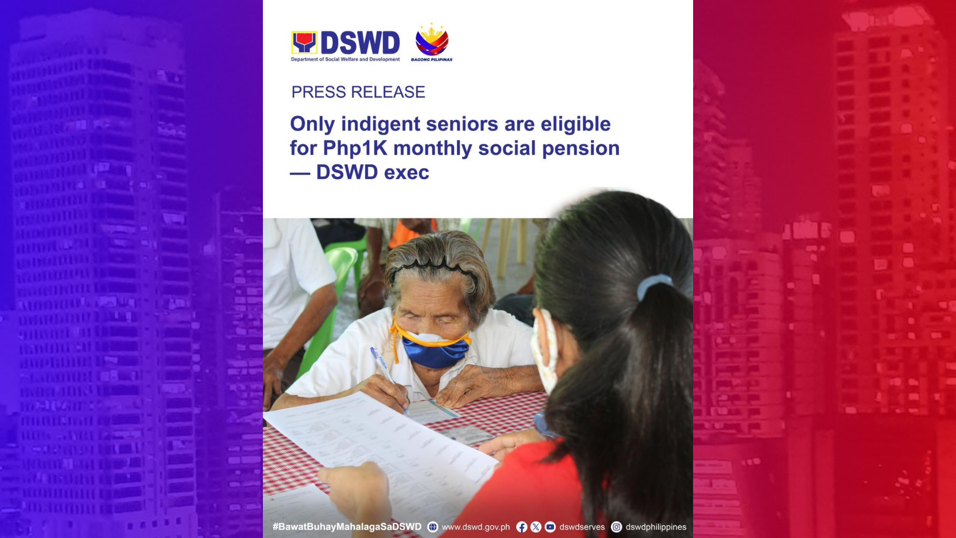 P1,000 na social pension para lamang sa mga indigent na senior citizen ayon sa DSWD