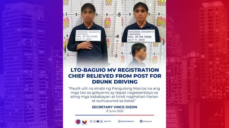 Opisyal ng LTO sa Baguio sinibak sa puwesto dahil sa pagmamaneho ng lasing