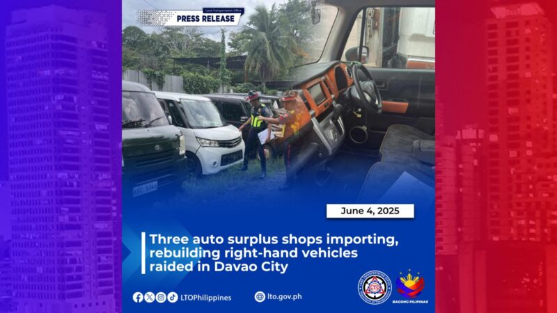 Tatlong auto surplus shops sa Davao City na ilegal na nag-aangkat ng right-hand drive na sasakyan sinalakay ng LTO