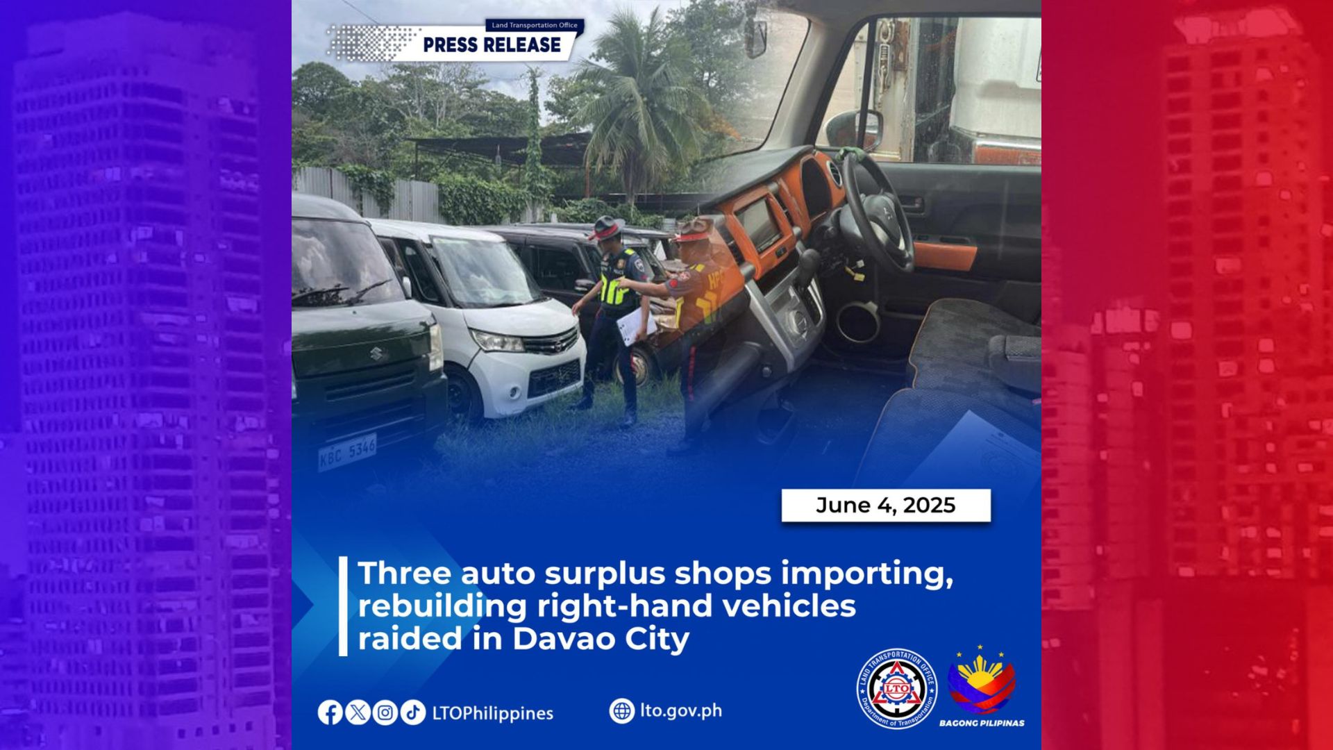 Tatlong auto surplus shops sa Davao City na ilegal na nag-aangkat ng right-hand drive na sasakyan sinalakay ng LTO