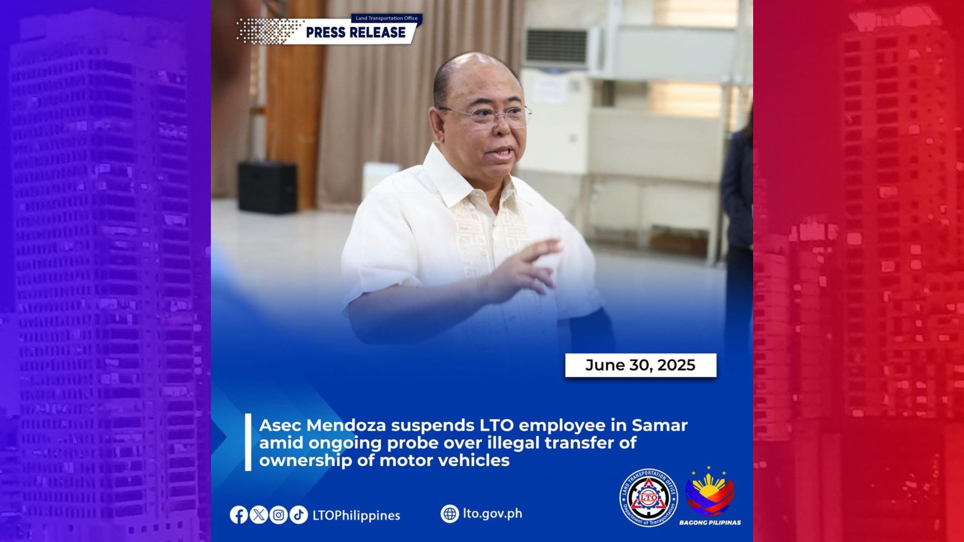 Empleyado ng LTO sa Catbalogan City, Samar sinuspinde dahil sa ilegal na paglilipat ng pagmamay-ari ng sasakyan