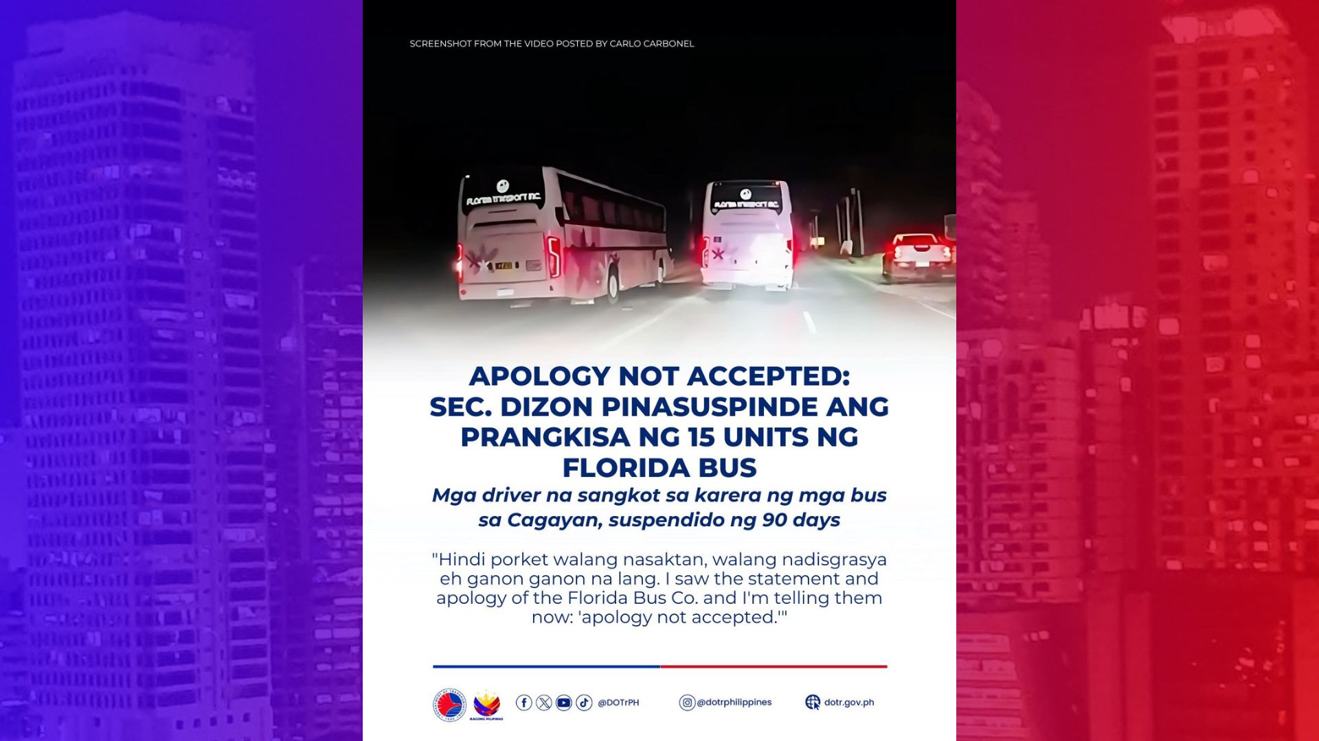 Prangkisa ng 15 bus units ng Florida sinuspinde ng LTFRB; lisensya ng mga driver na sangkot sa karera, suspendido ng 90-araw