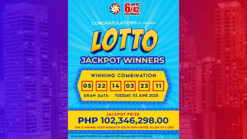 Bettor mula Cebu wagi ng mahigit P102M na jackpot prize sa lotto