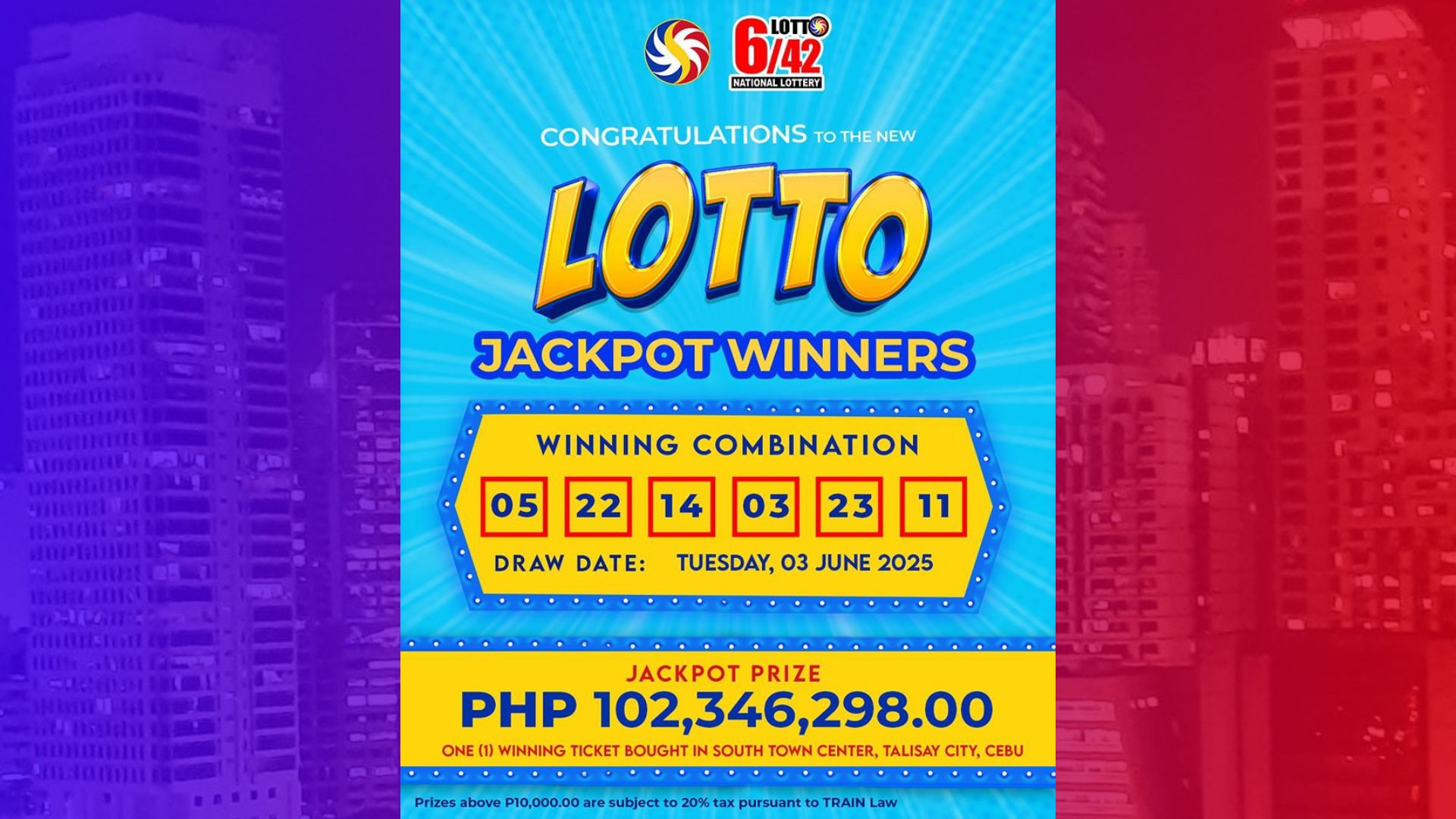 Bettor mula Cebu wagi ng mahigit P102M na jackpot prize sa lotto