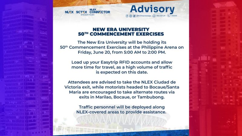 Pagsisikip sa daloy ng traffic aasahan sa NLEX bukas dahil sa idaraos na Commencement Exercises ng New Era University