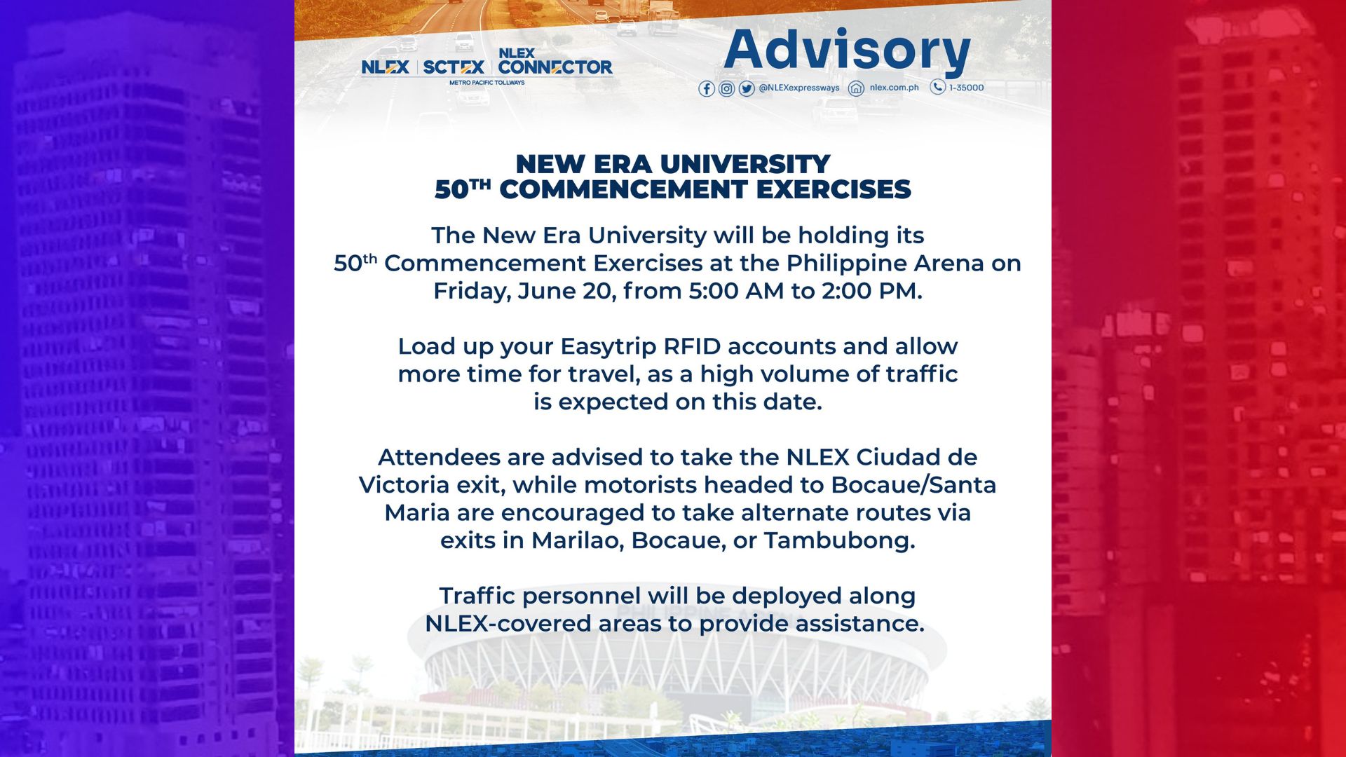 Pagsisikip sa daloy ng traffic aasahan sa NLEX bukas dahil sa idaraos na Commencement Exercises ng New Era University