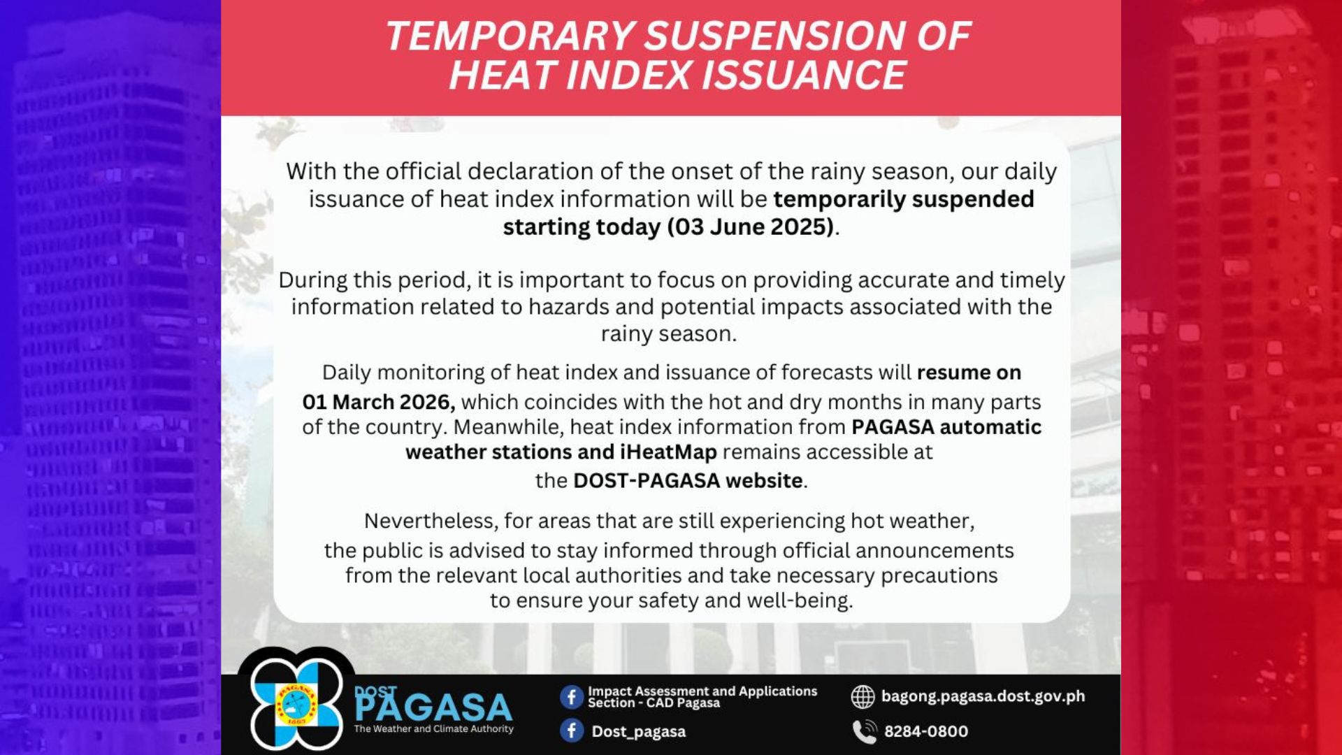 PAGASA pansamantalang ihihinto ang pagpapalabas ng heat index information kasunod ng pagsisimula ng panahon ng tag-ulan