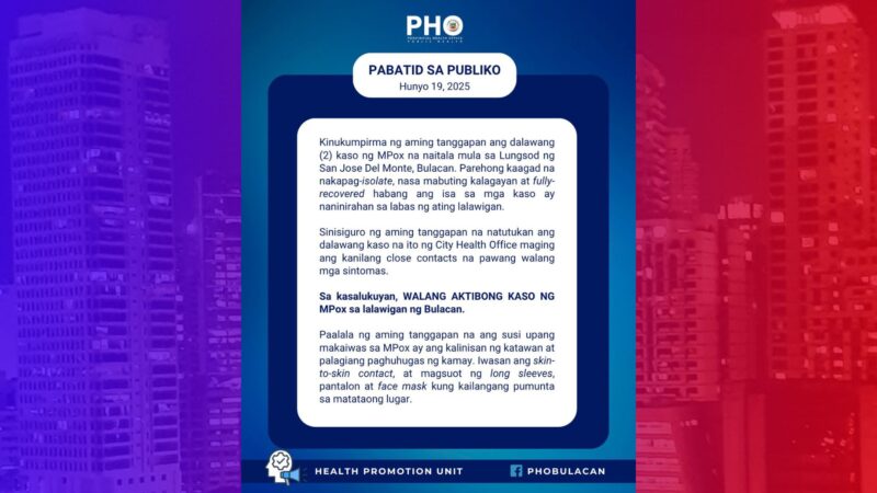 Dalawang pasyente na tinamaan ng MPOx sa SJDM, Bulacan fully recovered na