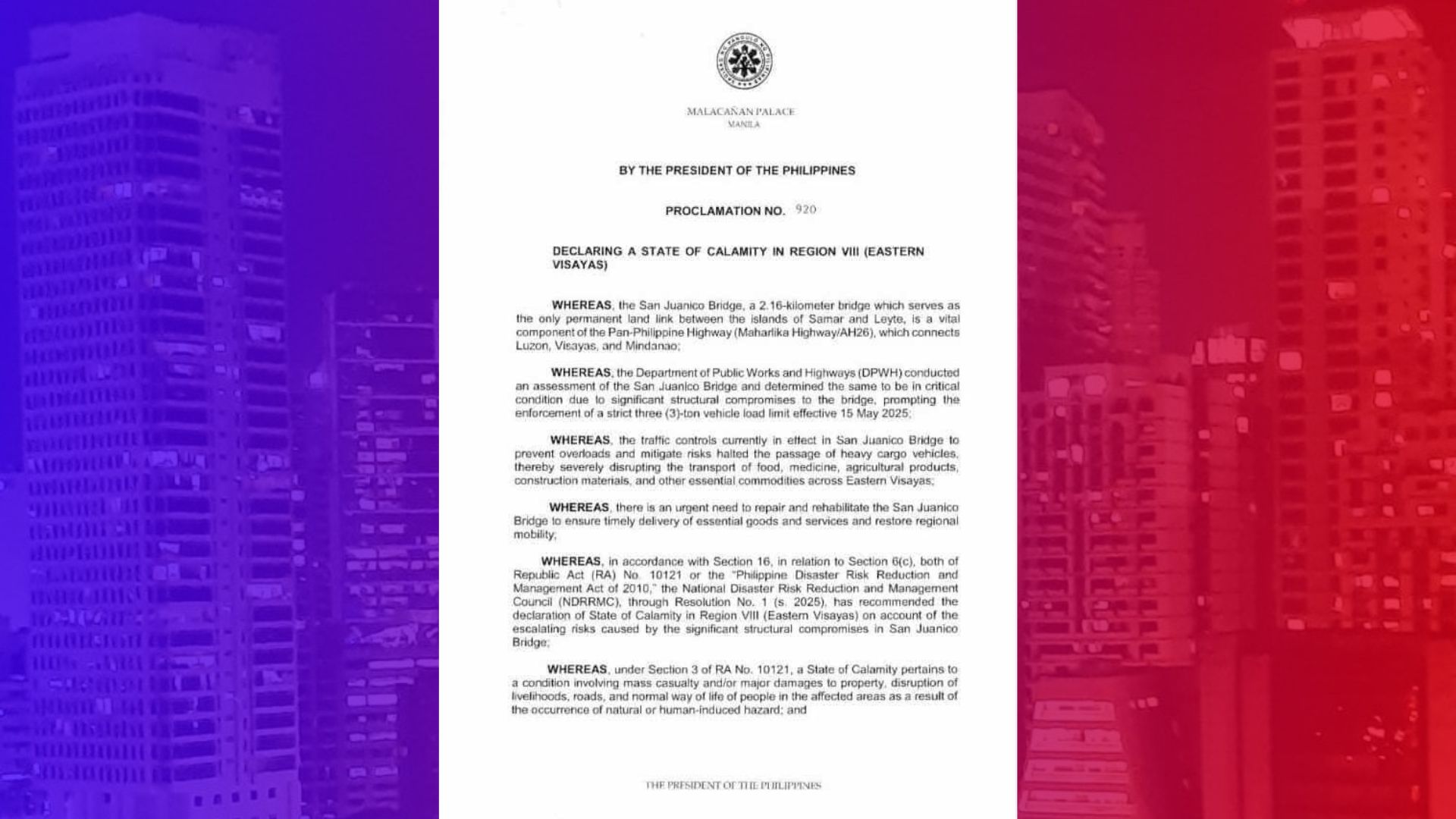 Eastern Visayas isinailalim ni Pangulong Marcos sa state of calamity sa loob ng isang taon