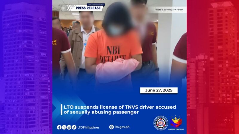 Lisensya ng TNVS driver na inakusahan ng rape ng kaniyang pasahero, sinuspinde ng LTO
