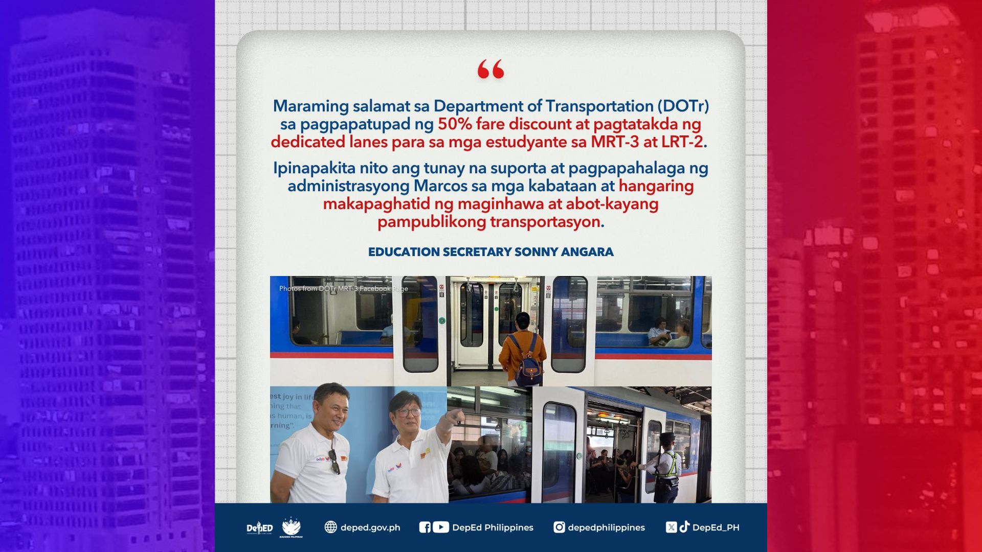 DepEd nagpasalamat sa DOTr sa mga ipinatutupad na hakbang sa rail lines na pinakikinabangan ng mga estudyante