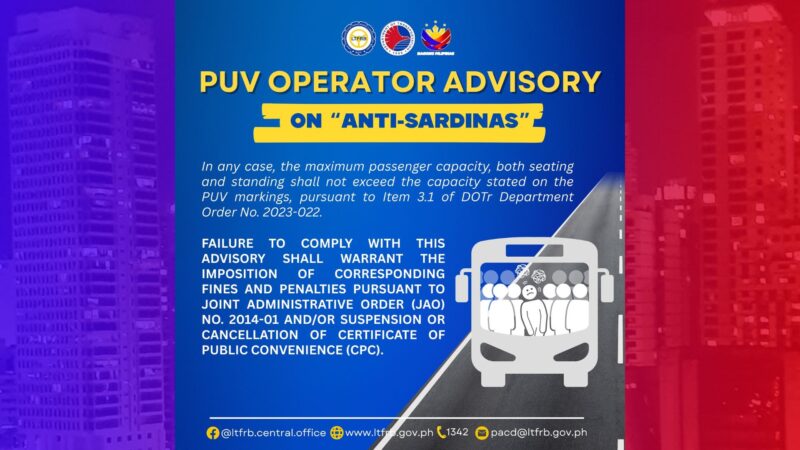 PUVs inatasan ng DOTr na mahigpit na sundin ang “Anti-Sardinas” policy