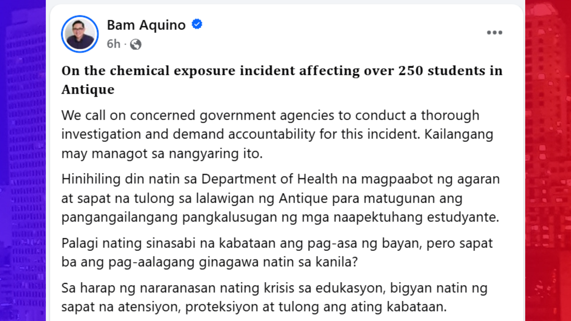 Sen. Bam Aquino nanawagan ng malalimang imbestigasyon sa chemical leak sa Antique na nakaapekto sa daan-daang estudyante