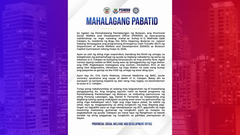 Lalaki nasawi habang nakapila sa pamamahagi ng Emergency Cash Transfer ng DSWD sa Bulacan