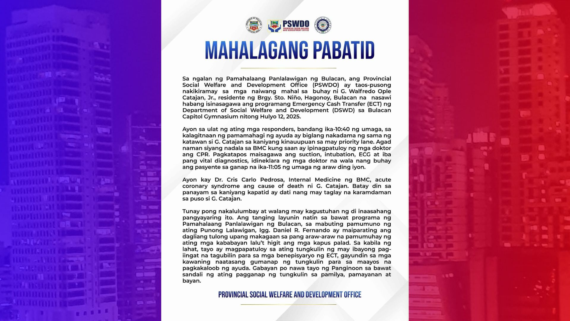 Lalaki nasawi habang nakapila sa pamamahagi ng Emergency Cash Transfer ng DSWD sa Bulacan