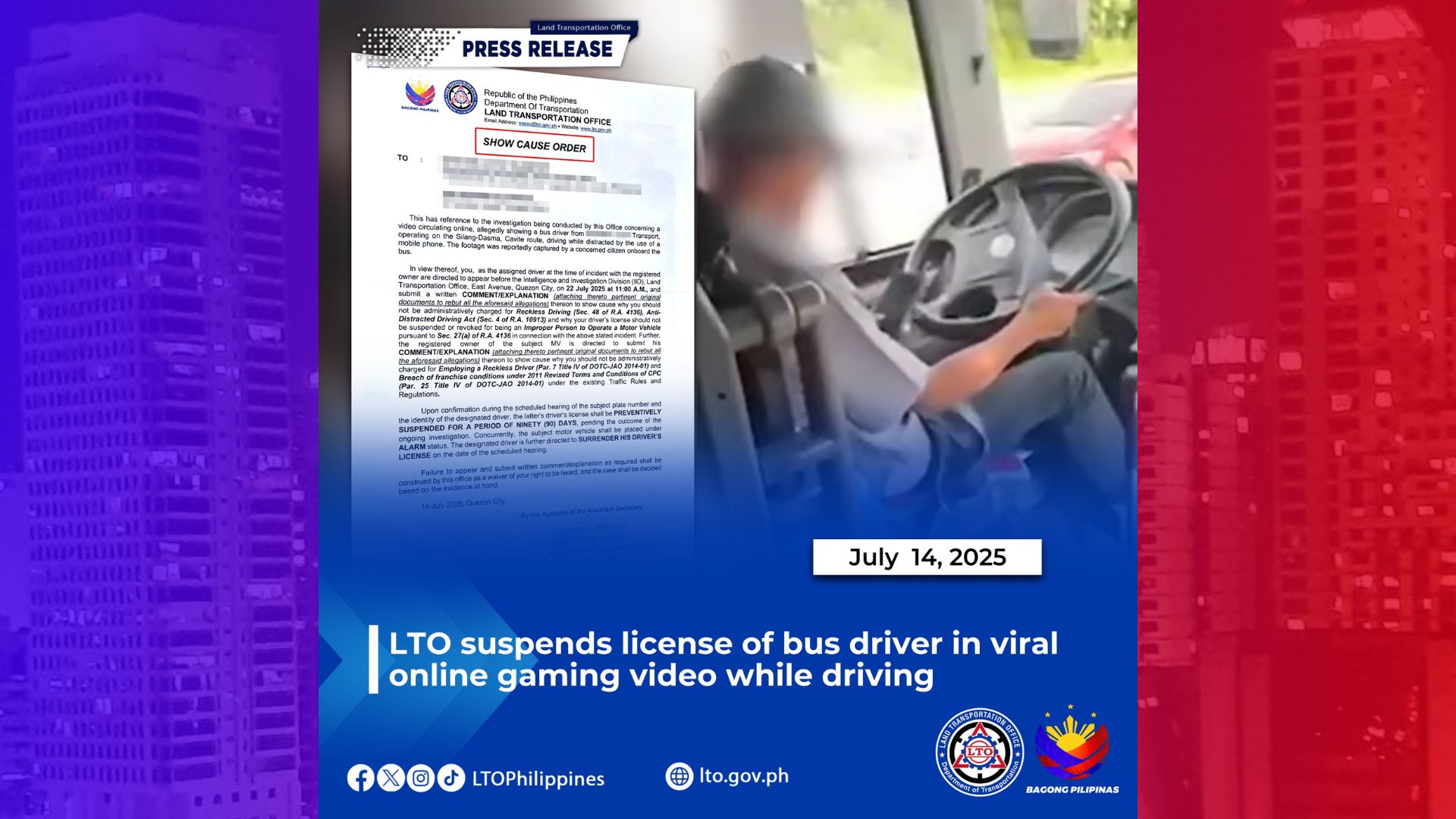 Lisensya ng bus driver na nakitang naglalaro ng online sugal habang nagmamaneho, sinuspinde ng LTO