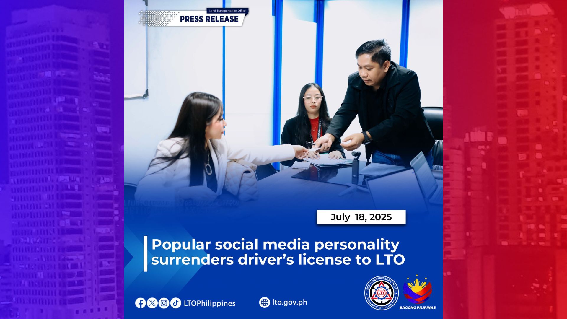 Social media influencer na si Cherry White humarap sa LTO; driver’s license isinuko sa ahensya