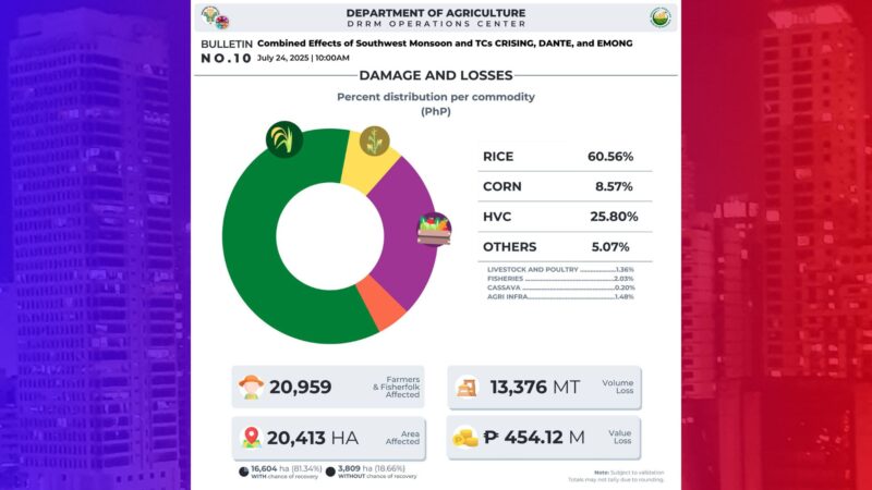 Halaga ng pinsala sa agrikultura ng Bagyong Crising at Habagat mahigit P454M na