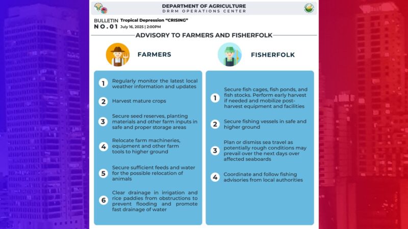 Payo ng DA sa mga magsasaka: Matured crops anihin na, farm inputs ilagay sa ligtas na lugar