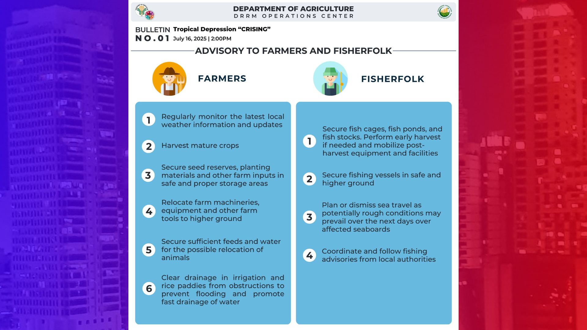 Payo ng DA sa mga magsasaka: Matured crops anihin na, farm inputs ilagay sa ligtas na lugar