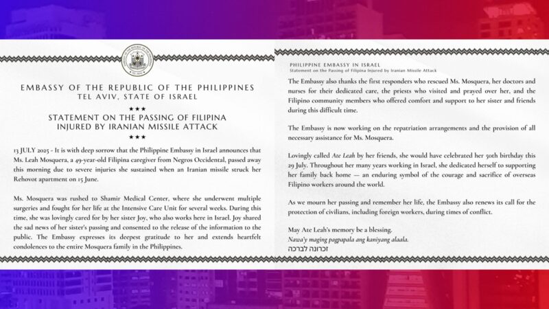 Pinay na nasugatan sa missile attack sa Iran, pumanaw sa ospital sa Israel
