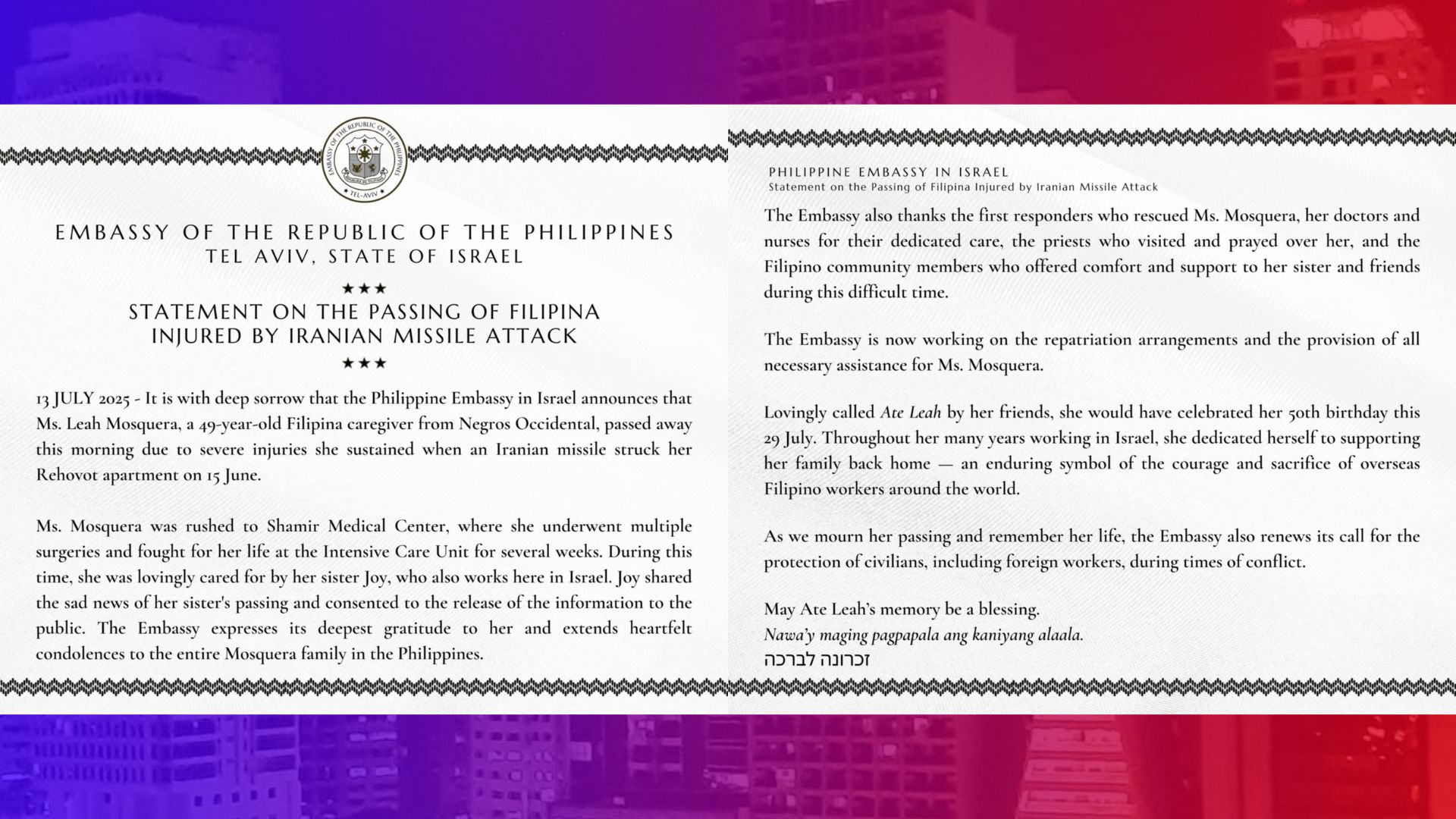 Pinay na nasugatan sa missile attack sa Iran, pumanaw sa ospital sa Israel