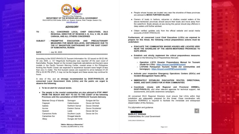 DILG pinaghahanda ang mga LGU sa posibleng paglilikas sa mga residente sa mga lugar na sakop ng tsunami advisory ng Phivolcs