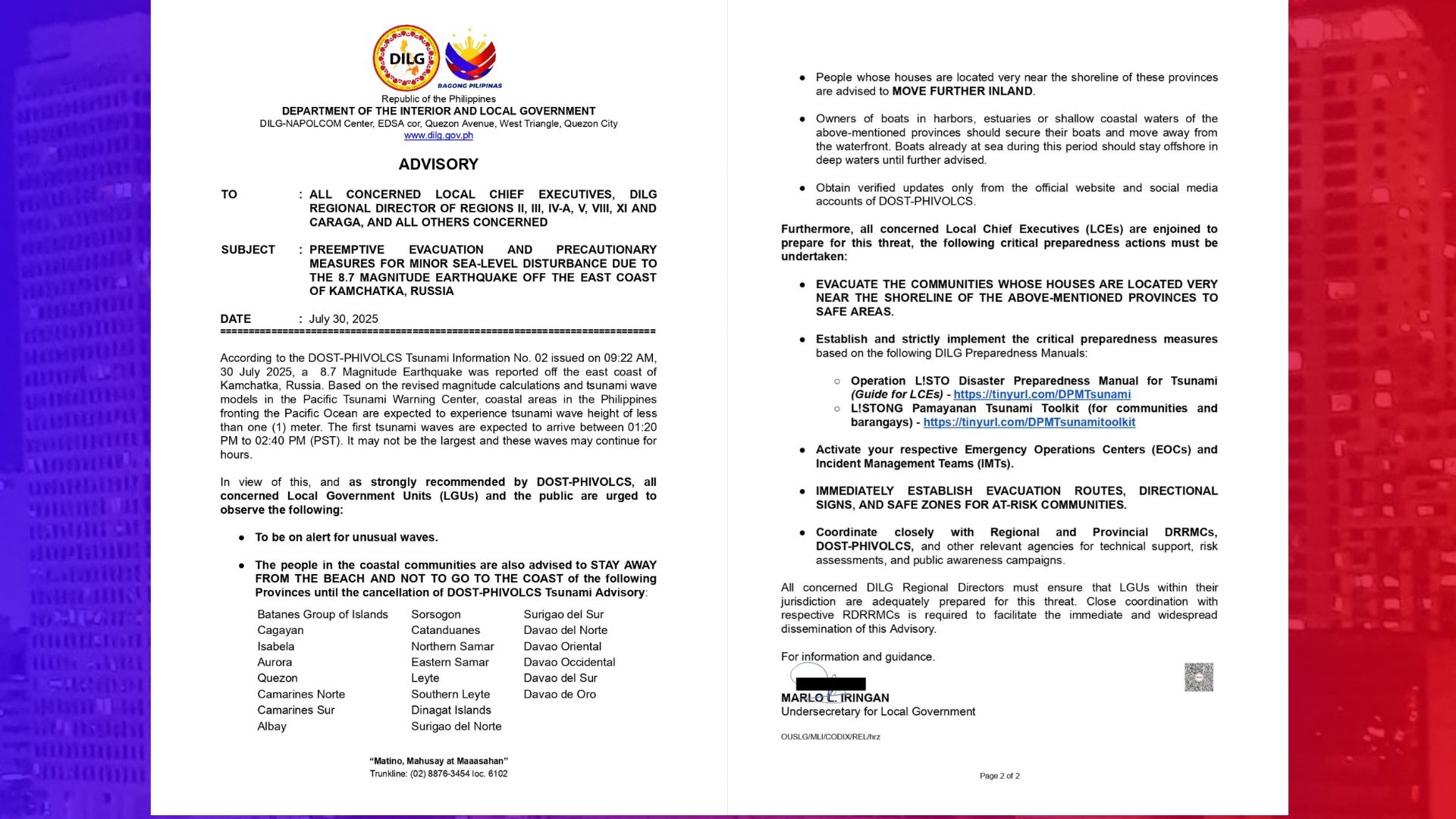 DILG pinaghahanda ang mga LGU sa posibleng paglilikas sa mga residente sa mga lugar na sakop ng tsunami advisory ng Phivolcs