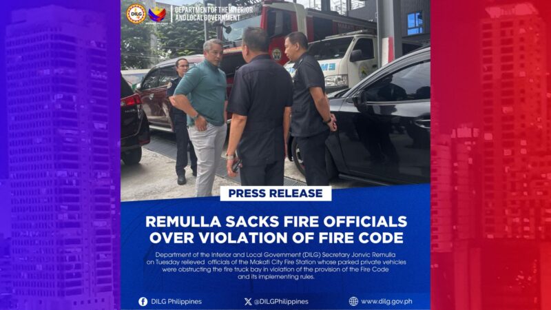 Mga opisyal ng Makati City Fire Station sinibak sa serbisyo; kanilang sasakyan nadatnan ni DILG Sec. Remulla na nakaharang sa daanan ng fire trucks