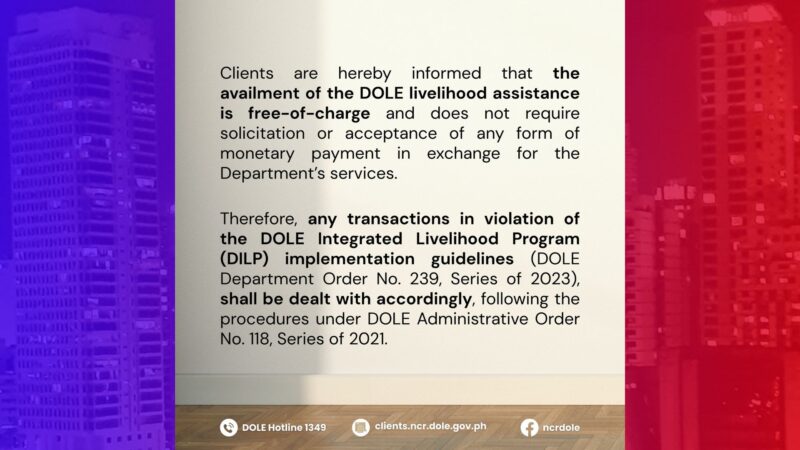 Palala ng DOLE sa publiko: Integrated Livelihood Program libre at walang anomang kapalit na donasyon